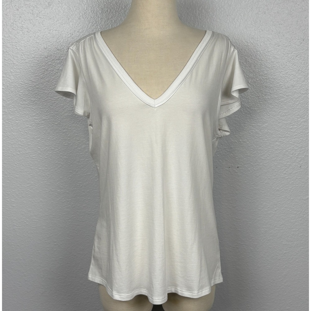 White House Black Market White V Neck Flutter Sleeve Top M NWT Soft Stretch Tee